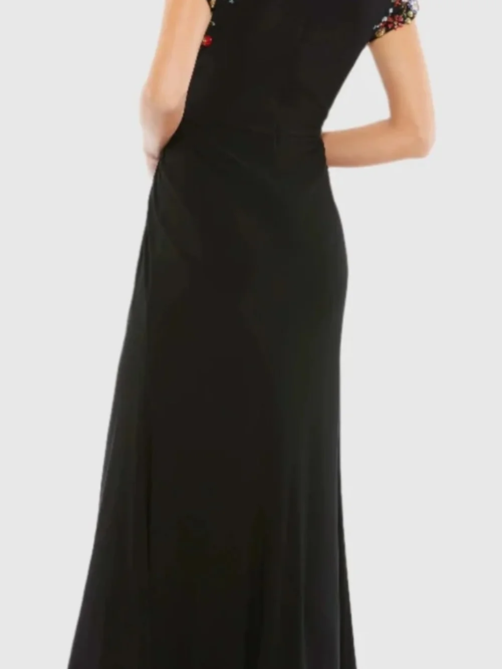 Mac Duggal Black Jersey Gown with Multicolor Embellished Cap Sleeves - Picture 2 of 9